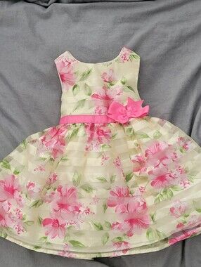 Pink Floral Satin Overlay Girl's Dress with Bow Size 2T